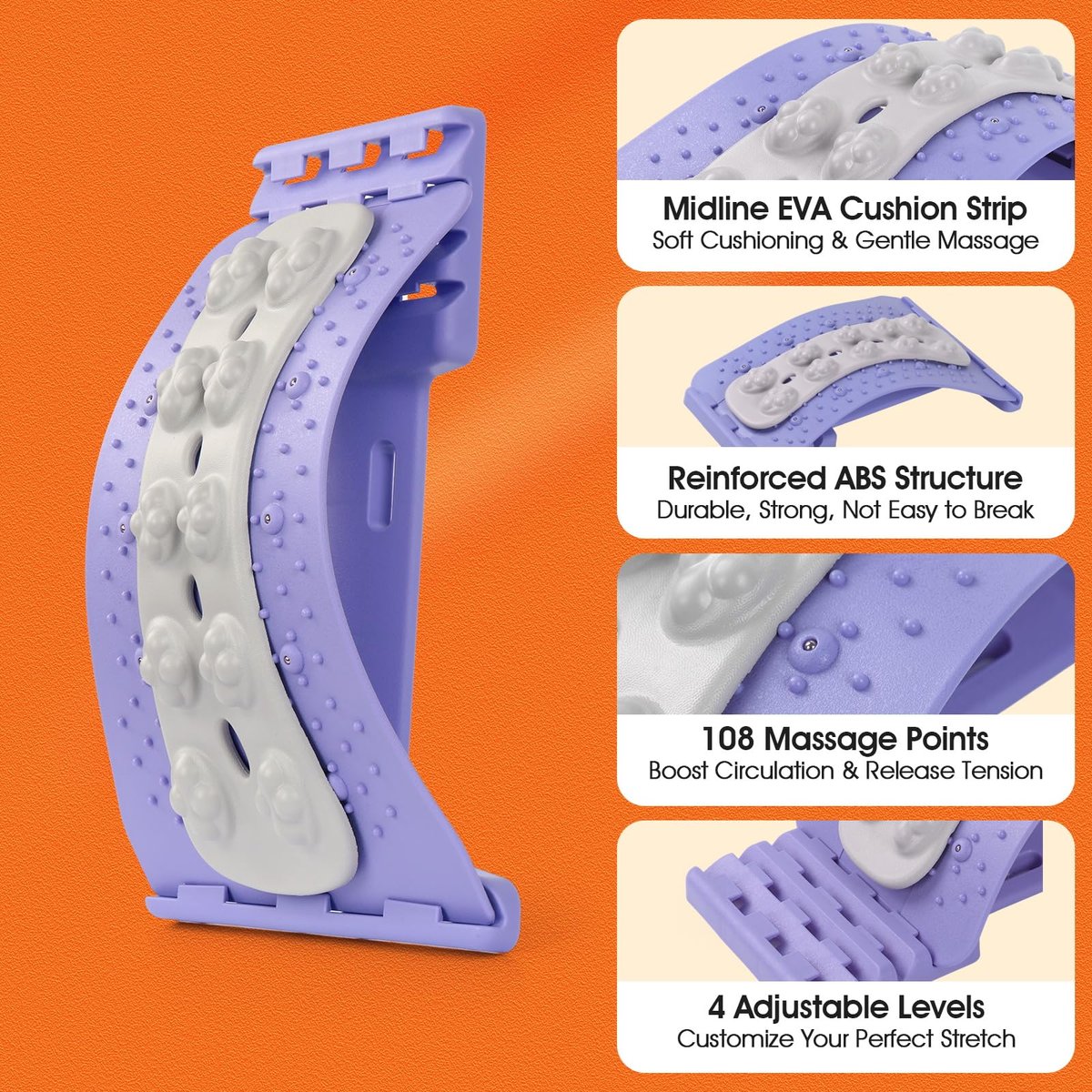 Premium Rückenstrecker für Linderung von Rückenschmerzen – 4-stufig verstellbare Lordosestütze mit weichem EVA-Massagestreifen – Langlebig & tragbarer Rückenknacker zum Lösen von Verspannungen (Lila)