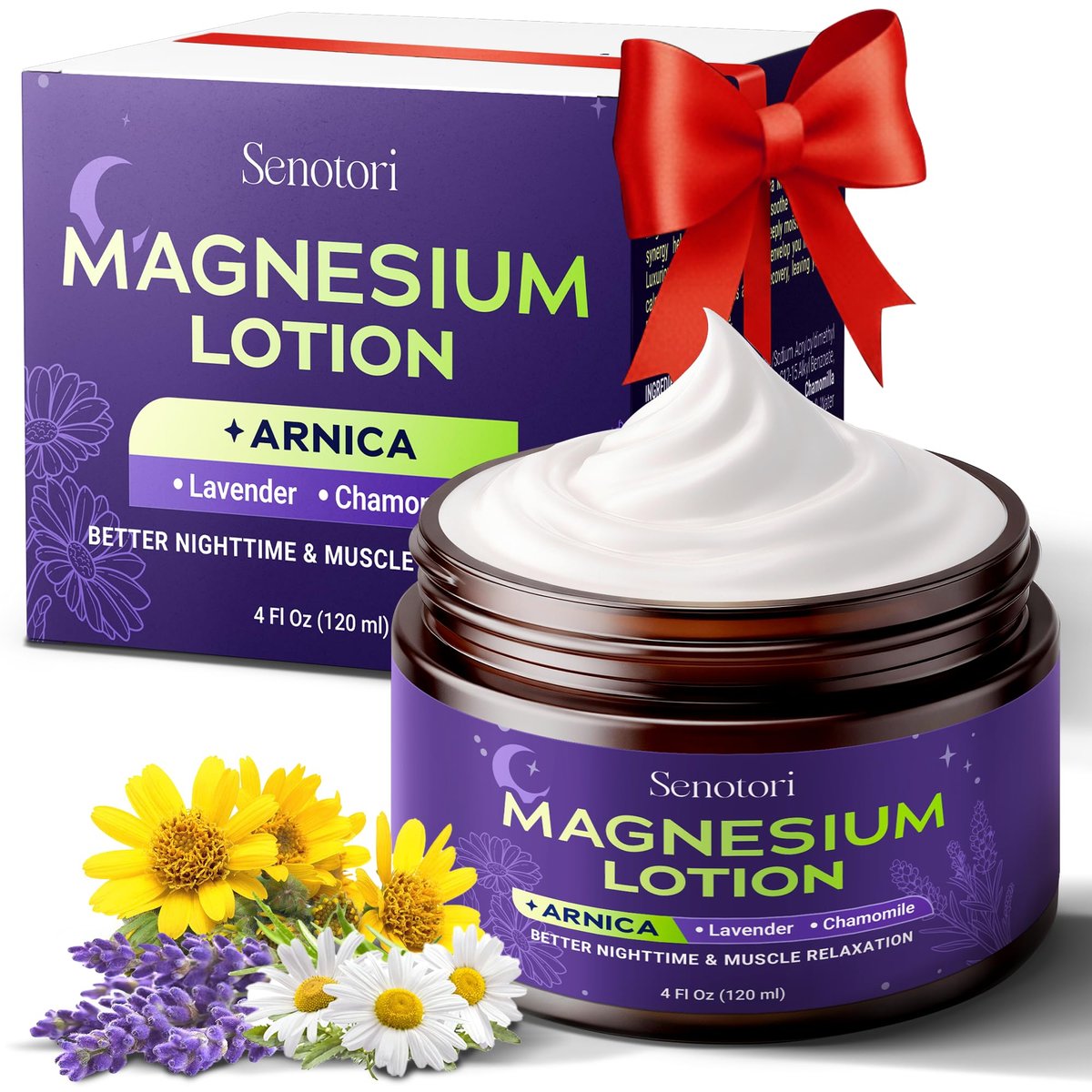 Senotori Nacht Magnesium Lotion mit Arnika & Lavendel, Kamille, Topische Magnesiumcreme für müde Füße, Schlafenszeit, Muskelregeneration, Geschenke zum Muttertag – Entspannungsgeschenke für Mama & Papa