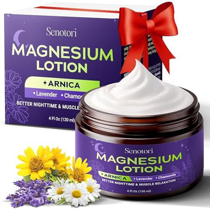 Senotori Nacht Magnesium Lotion mit Arnika & Lavendel, Kamille, Topische Magnesiumcreme für müde Füße, Schlafenszeit, Muskelregeneration, Geschenke zum Muttertag – Entspannungsgeschenke für Mama & Papa