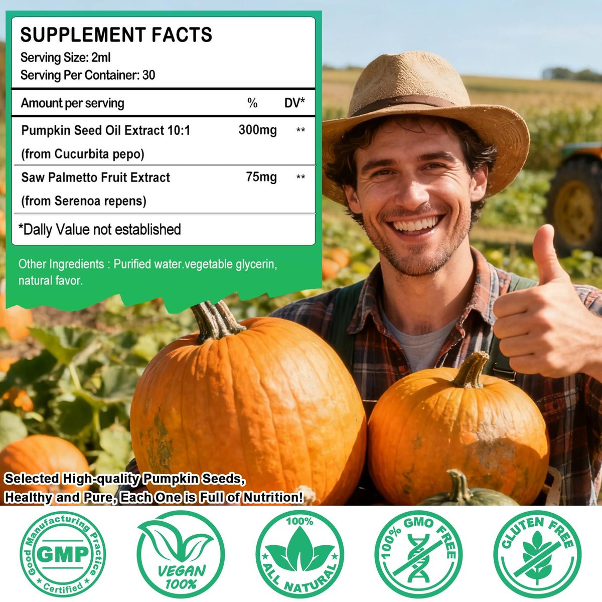 Kürbiskernöl mit Sägepalmen-Extrakt Tropfen – Hochkonzentriertes Kürbiskernöl Nahrungsergänzungsmittel für Haar, Blase und Prostata-Gesundheit | Kaltgepresst, hohe Absorption, flüssig für Frauen und Männer | Vegan, Nicht-GVO, 60 ml