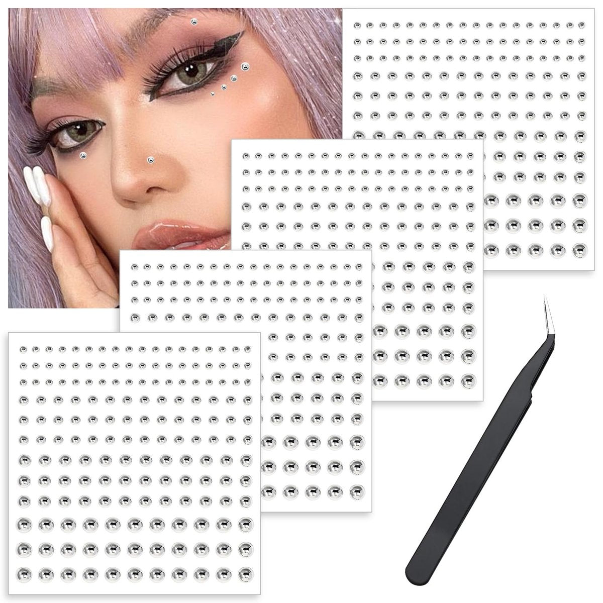 OLLBIT 660 Stück Face Gems, Silberne Fake Piercings, Fake Augenbrauen-Piercing, Nasenstecker, Lippenstecker, selbstklebende Aufkleber, DIY Rave Accessoires, Punk Y2K Make-up für Frauen und Männer