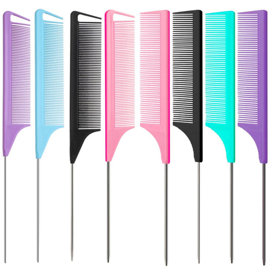 8-teiliges Rattenschwanzkamm-Set mit langen Stahlnadeln zum Teasing für Salon-Friseure, 2 Stile und mehrere Farben von Metall-Scheitelkämmen für Frauen, Feinzahn-Teasingkamm