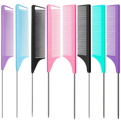 8-teiliges Rattenschwanzkamm-Set mit langen Stahlnadeln zum Teasing für Salon-Friseure, 2 Stile und mehrere Farben von Metall-Scheitelkämmen für Frauen, Feinzahn-Teasingkamm