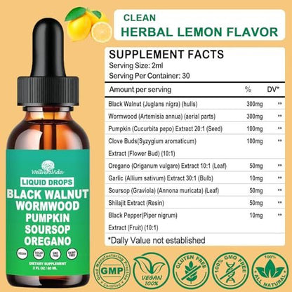 Liposomale Wermut-Schwarznuss-Nelken-Reinigung für Menschen Tropfen, Bio 9-in-1 Kräuterextrakt Hull-Ergänzung plus Oregano, Soursop & Kürbiskerne für Darmreinigung & Verdauungsgesundheit | Vegan, 30-Tage-Vorrat