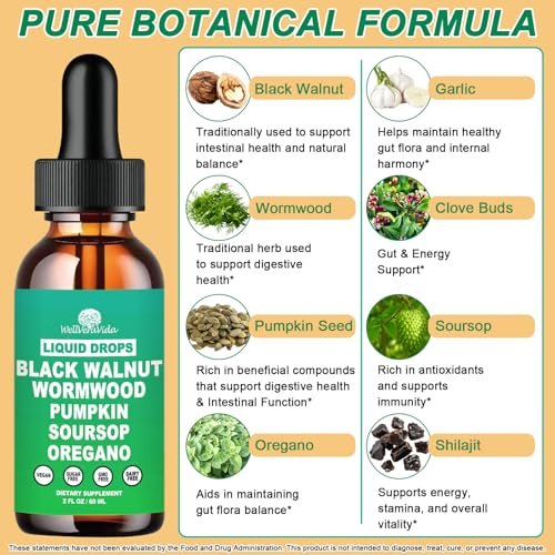 Liposomale Wermut-Schwarznuss-Nelken-Reinigung für Menschen Tropfen, Bio 9-in-1 Kräuterextrakt Hull-Ergänzung plus Oregano, Soursop & Kürbiskerne für Darmreinigung & Verdauungsgesundheit | Vegan, 30-Tage-Vorrat