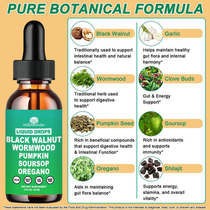Liposomale Wermut-Schwarznuss-Nelken-Reinigung für Menschen Tropfen, Bio 9-in-1 Kräuterextrakt Hull-Ergänzung plus Oregano, Soursop & Kürbiskerne für Darmreinigung & Verdauungsgesundheit | Vegan, 30-Tage-Vorrat