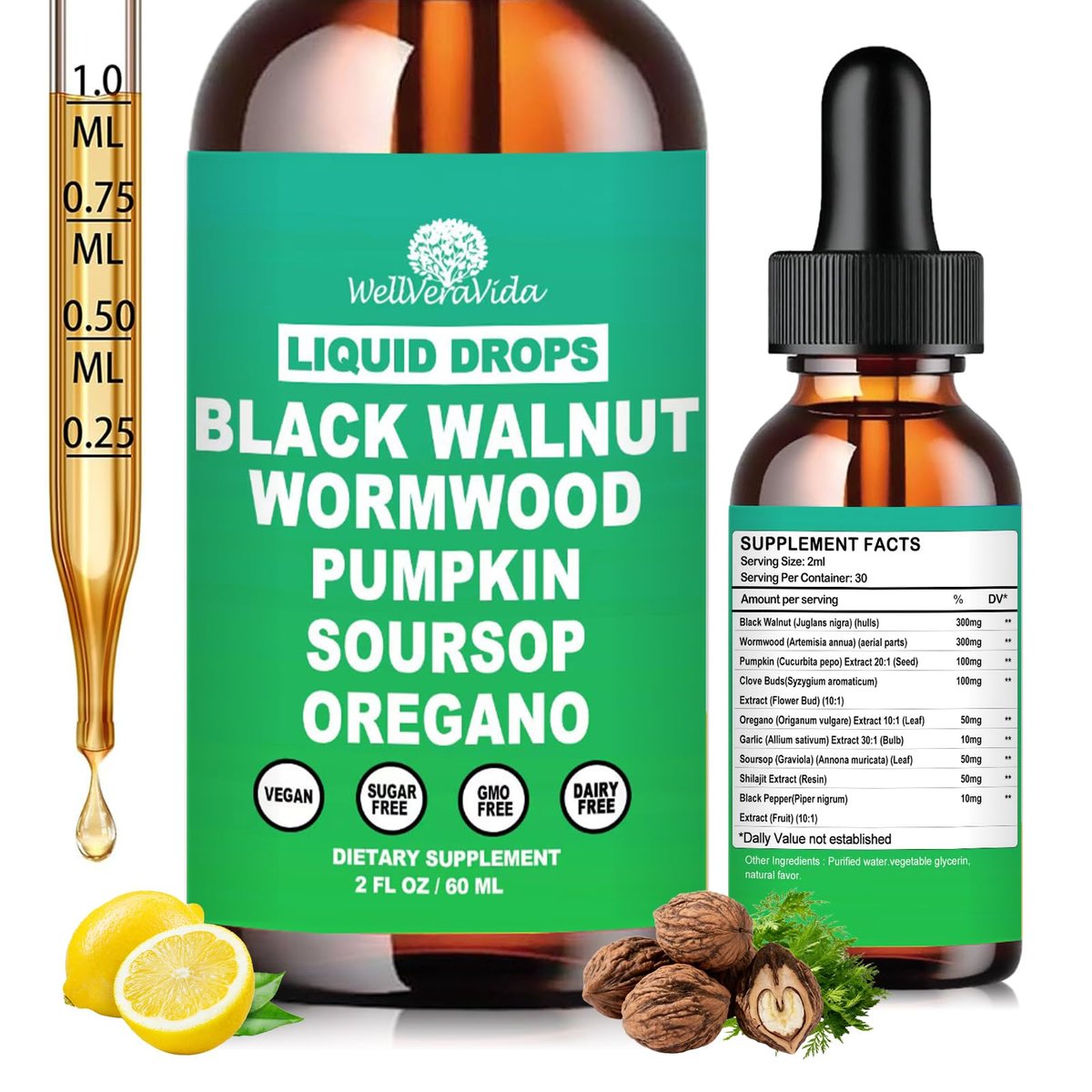 Liposomale Wermut-Schwarznuss-Nelken-Reinigung für Menschen Tropfen, Bio 9-in-1 Kräuterextrakt Hull-Ergänzung plus Oregano, Soursop & Kürbiskerne für Darmreinigung & Verdauungsgesundheit | Vegan, 30-Tage-Vorrat