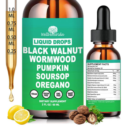 Liposomale Wermut-Schwarznuss-Nelken-Reinigung für Menschen Tropfen, Bio 9-in-1 Kräuterextrakt Hull-Ergänzung plus Oregano, Soursop & Kürbiskerne für Darmreinigung & Verdauungsgesundheit | Vegan, 30-Tage-Vorrat