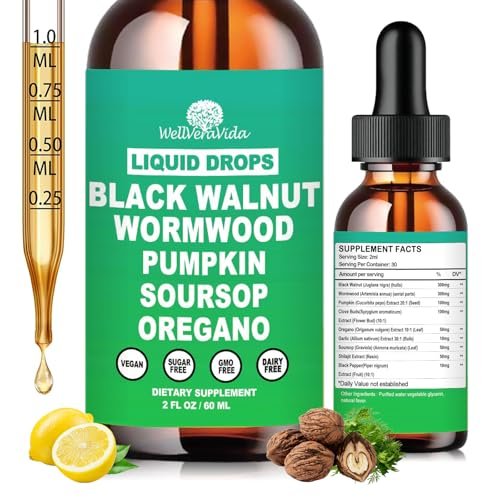 Liposomale Wermut-Schwarznuss-Nelken-Reinigung für Menschen Tropfen, Bio 9-in-1 Kräuterextrakt Hull-Ergänzung plus Oregano, Soursop & Kürbiskerne für Darmreinigung & Verdauungsgesundheit | Vegan, 30-Tage-Vorrat