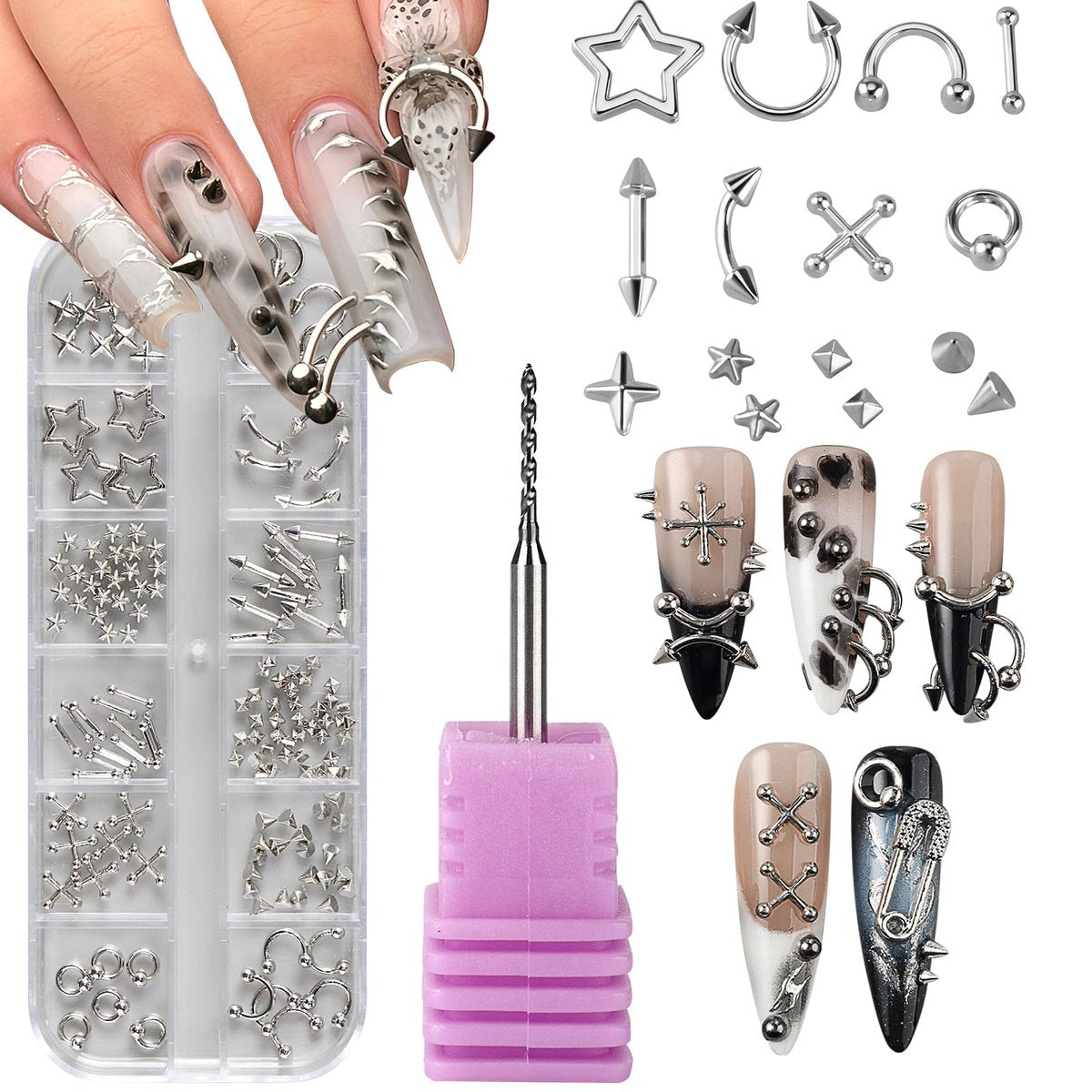 Bravizvy Nagelcharm-Set Punk Nagelverzierungen aus Edelstahl mit Nagelbohrer 3D Metallic Silber Gothic Sterne Nieten Spikes Maniküre-Zubehör