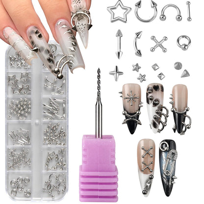 Bravizvy Nagelcharm-Set Punk Nagelverzierungen aus Edelstahl mit Nagelbohrer 3D Metallic Silber Gothic Sterne Nieten Spikes Maniküre-Zubehör