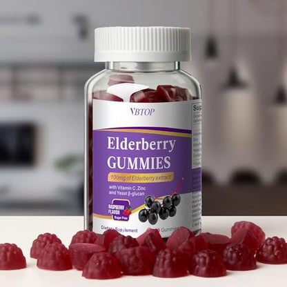 VBTOP 5-in-1 Sambucus Holunderbeeren Immun-Gummis – Tägliche Immununterstützung für Erwachsene & Kinder ab 4 Jahren mit Vitamin C, Zink, glutenfrei, vegetarisch, zuckerfrei – 60 Gummis