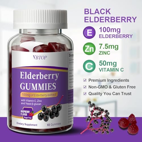 VBTOP 5-in-1 Sambucus Holunderbeeren Immun-Gummis – Tägliche Immununterstützung für Erwachsene & Kinder ab 4 Jahren mit Vitamin C, Zink, glutenfrei, vegetarisch, zuckerfrei – 60 Gummis