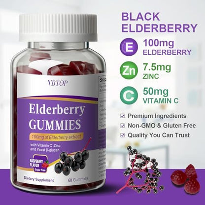 VBTOP 5-in-1 Sambucus Holunderbeeren Immun-Gummis – Tägliche Immununterstützung für Erwachsene & Kinder ab 4 Jahren mit Vitamin C, Zink, glutenfrei, vegetarisch, zuckerfrei – 60 Gummis