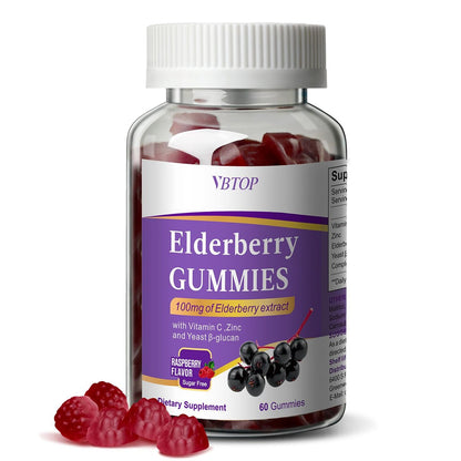 VBTOP 5-in-1 Sambucus Holunderbeeren Immun-Gummis – Tägliche Immununterstützung für Erwachsene & Kinder ab 4 Jahren mit Vitamin C, Zink, glutenfrei, vegetarisch, zuckerfrei – 60 Gummis