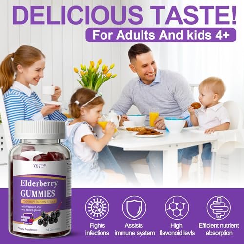 VBTOP 5-in-1 Sambucus Holunderbeeren Immun-Gummis – Tägliche Immununterstützung für Erwachsene & Kinder ab 4 Jahren mit Vitamin C, Zink, glutenfrei, vegetarisch, zuckerfrei – 60 Gummis