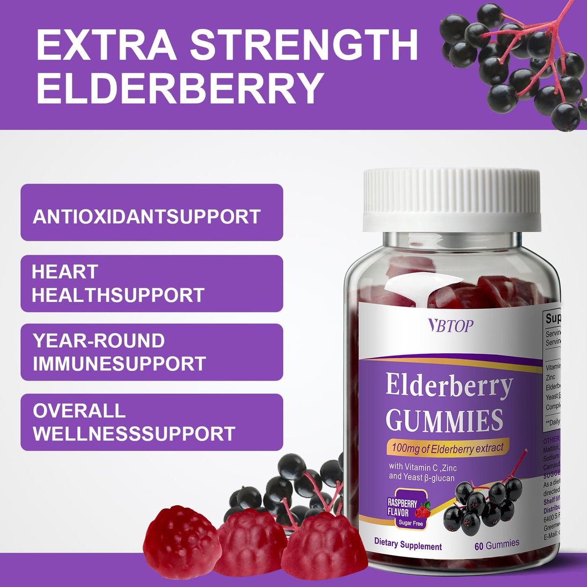 VBTOP 5-in-1 Sambucus Holunderbeeren Immun-Gummis – Tägliche Immununterstützung für Erwachsene & Kinder ab 4 Jahren mit Vitamin C, Zink, glutenfrei, vegetarisch, zuckerfrei – 60 Gummis