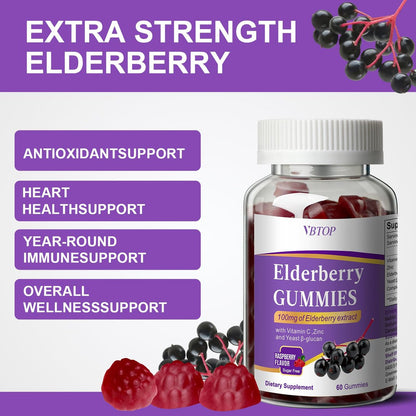 VBTOP 5-in-1 Sambucus Holunderbeeren Immun-Gummis – Tägliche Immununterstützung für Erwachsene & Kinder ab 4 Jahren mit Vitamin C, Zink, glutenfrei, vegetarisch, zuckerfrei – 60 Gummis