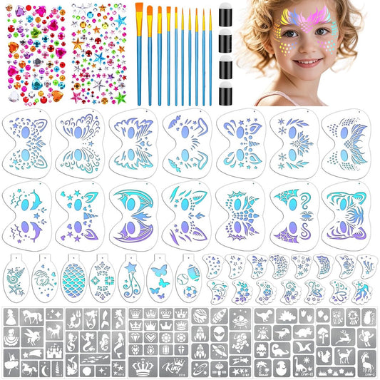 58-teiliges Gesichtsbemalungs-Schablonen-Set – 36 wiederverwendbare Schablonen, 6 Tattoo-Vorlagen, 10 Pinsel, 2 Klebesteine, 4 Schwämme für Halloween, Feste und Partys