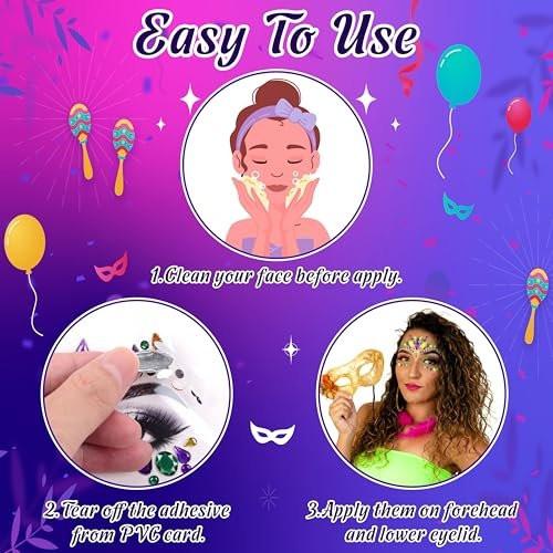 6 Sets Mardi Gras Gesichts-Gem-Aufkleber, selbstklebende 3D-Augenjuwelen für Frauen, Kristalldekorationen für Karneval, Party, Cosplay, Make-up und Verkleidung