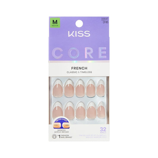 KISS CORE Press-On Nägel 'Curiosity' – Weiß, Medium, Mandelform, 32 Stück mit Kleber