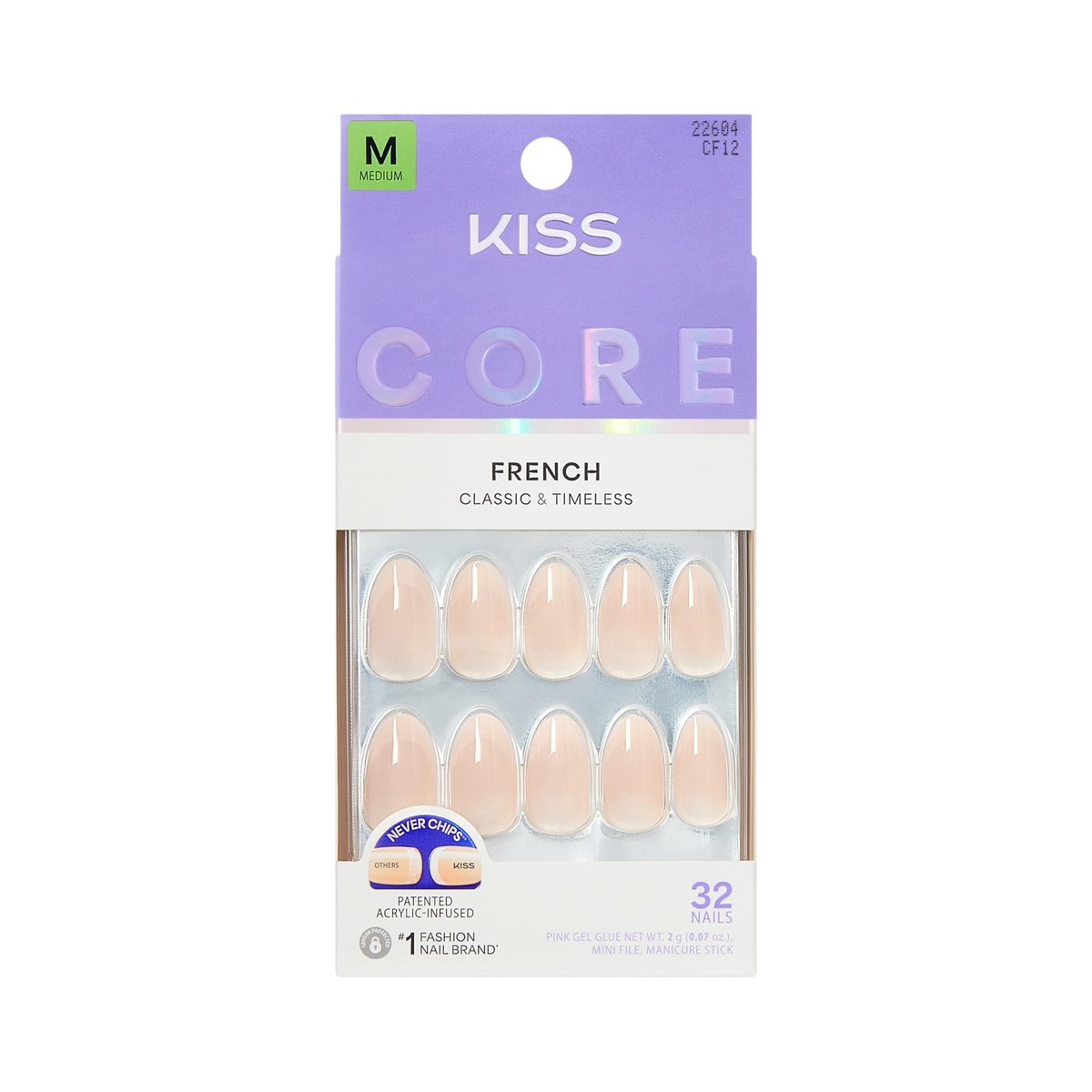 Kiss Core Press On Nägel 'Burble' – Pink, Medium, Mandelform, 32 Nägel mit Kleber und Maniküre-Werkzeugen