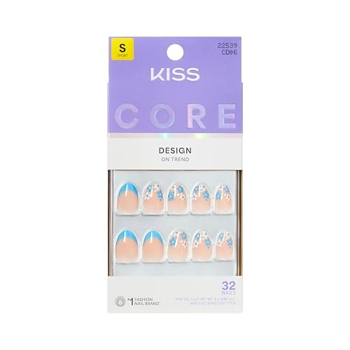 Kiss Core Press On Nägel 'Tune' – Blau, Kurze Länge, Mandelform, 32 Nägel inklusive Kleber