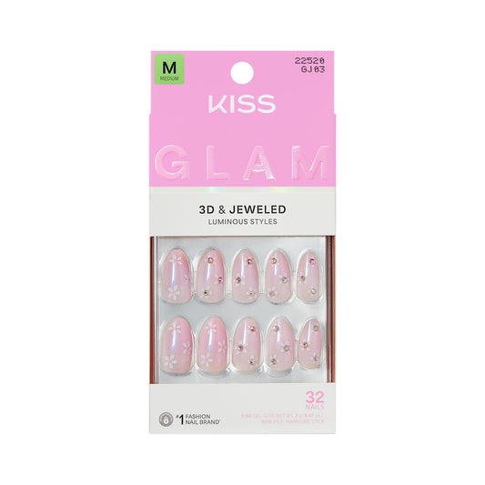 KISS Glam Press On Nägel 'Breeze of Bliss' – Weiß, Mandelform, Medium, 32 Stück inkl. Kleber & Zubehör