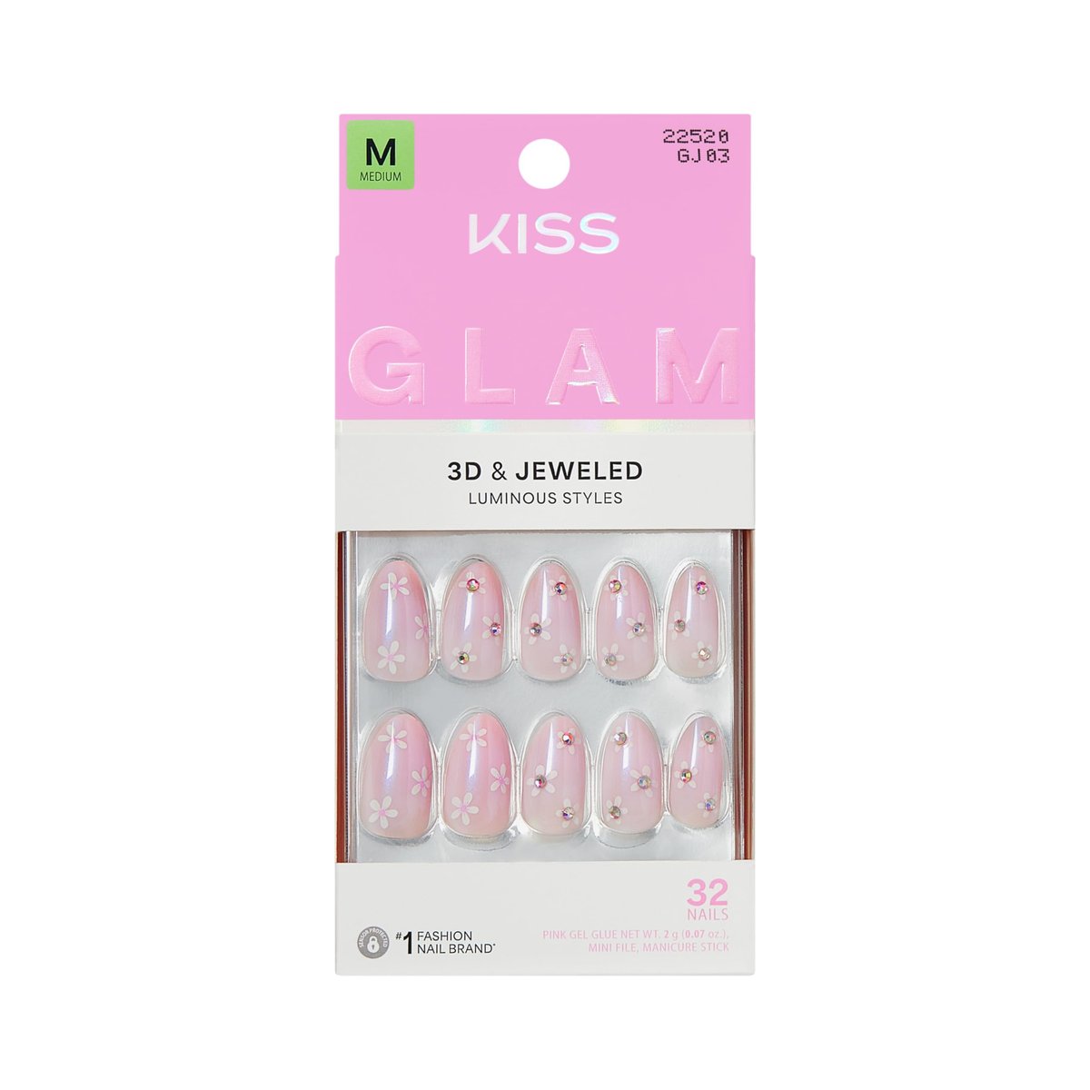 KISS Glam Press On Nägel 'Breeze of Bliss' – Weiß, Mandelform, Medium, 32 Stück inkl. Kleber & Zubehör