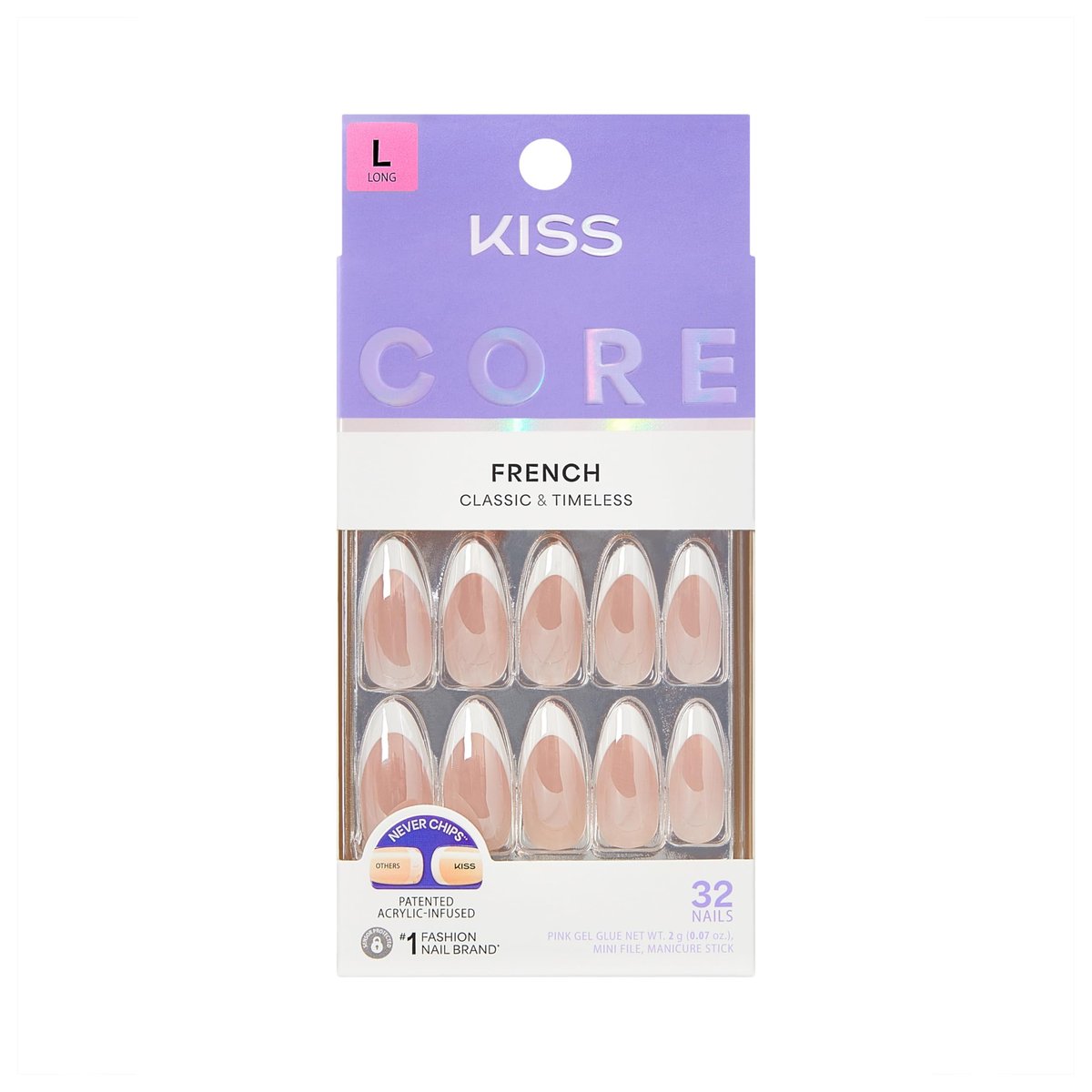 Kiss Core Press On Nägel – Weiß, Lang, Mandelform – Inklusive 32 Nägel, Kleber, Manikürestab & Mini-Feile