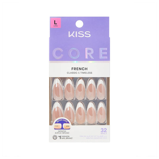 Kiss Core Press On Nägel – Weiß, Lang, Mandelform – Inklusive 32 Nägel, Kleber, Manikürestab & Mini-Feile