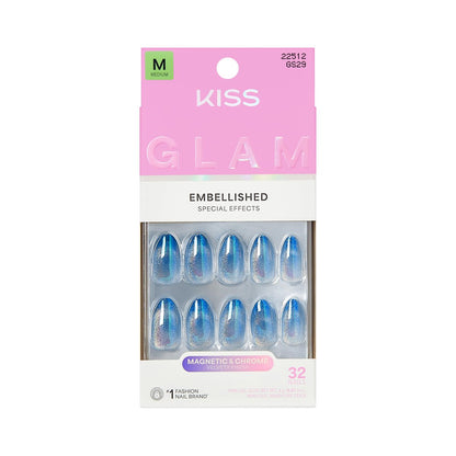 Kiss Glam Press On Nägel 'Glow Forever' – Blau, Mittel, Mandelform, 32 Stück mit Kleber