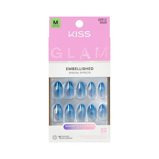 Kiss Glam Press On Nägel 'Glow Forever' – Blau, Mittel, Mandelform, 32 Stück mit Kleber