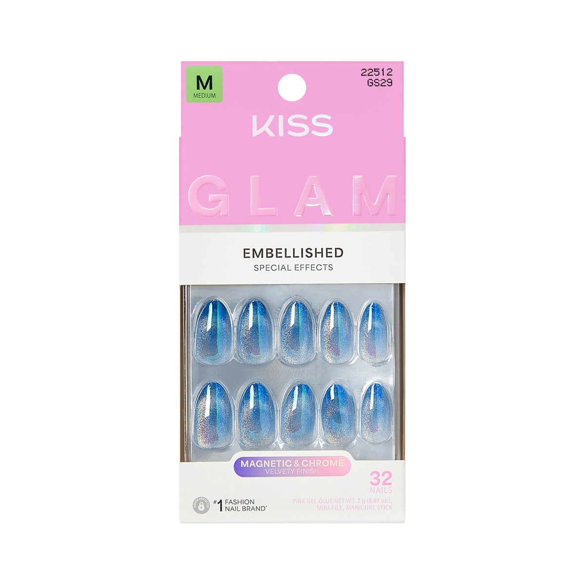 Kiss Glam Press On Nägel 'Glow Forever' – Blau, Mittel, Mandelform, 32 Stück mit Kleber