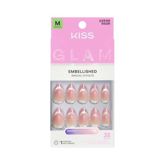 KISS Glam Press On Nägel 'Stardust Wonder' – Pink, Mandelform, Medium, 32 Stück mit Kleber