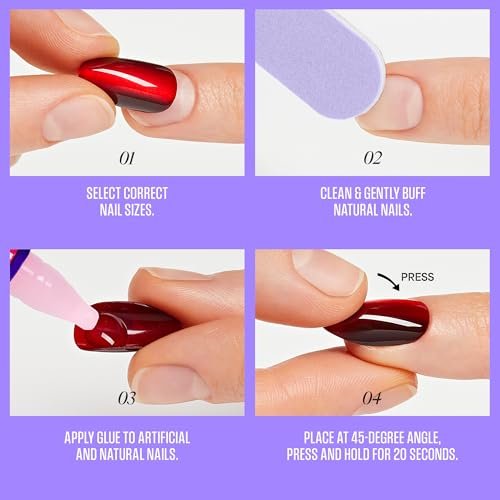 KISS CORE Press On Nägel 'Apple Blossom' – 32 Stück, rot, mittel, mit Kleber, Feile und Manikürestab