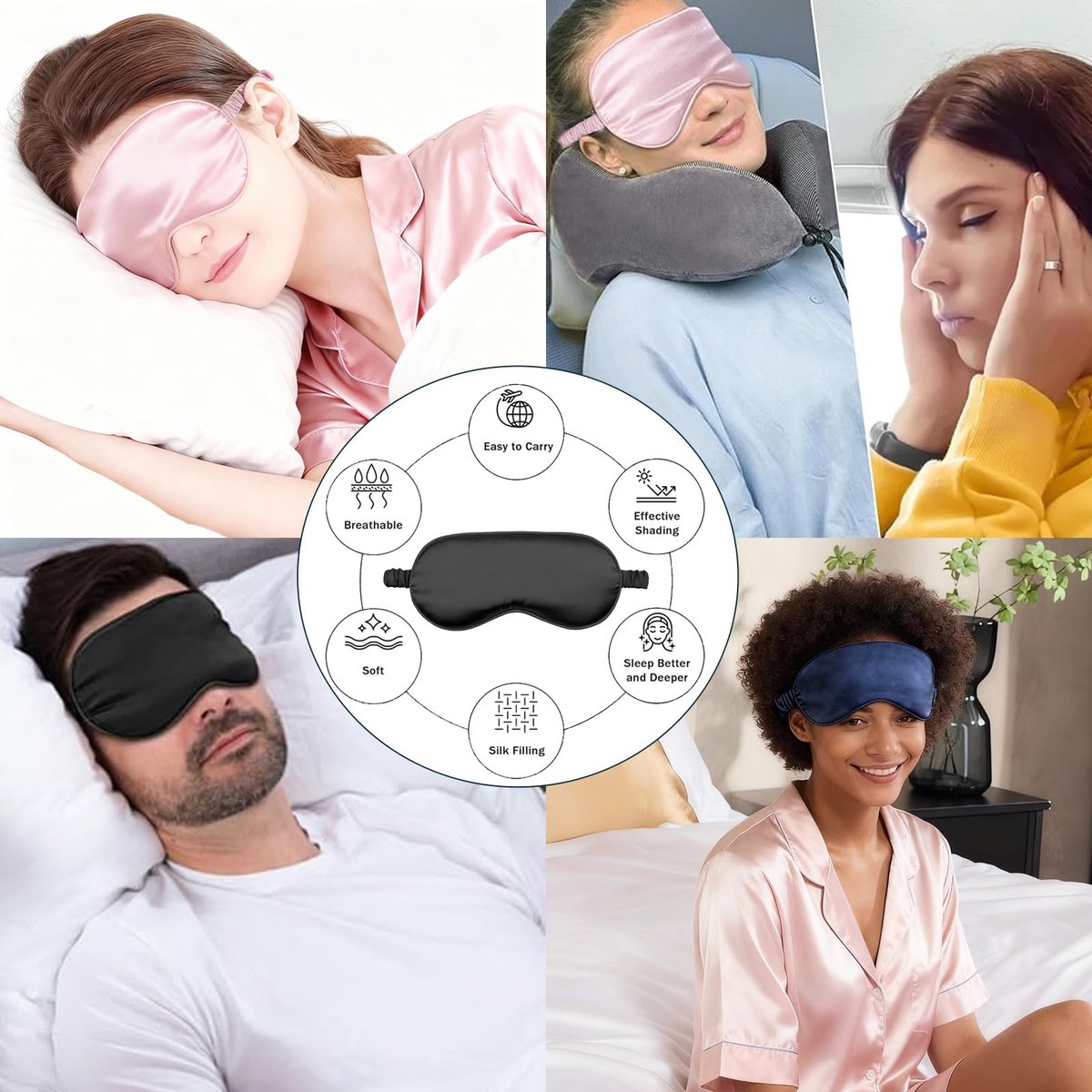 3er-Set Satin Schlafmaske – Seidig weiche Augenmaske für völlige Dunkelheit, inkl. Aufbewahrungsbeutel und Scrunchy, Geschenkset