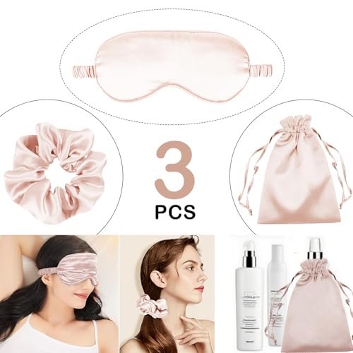 3er-Set Satin Schlafmaske – Seidig weiche Augenmaske für völlige Dunkelheit, inkl. Aufbewahrungsbeutel und Scrunchy, Geschenkset