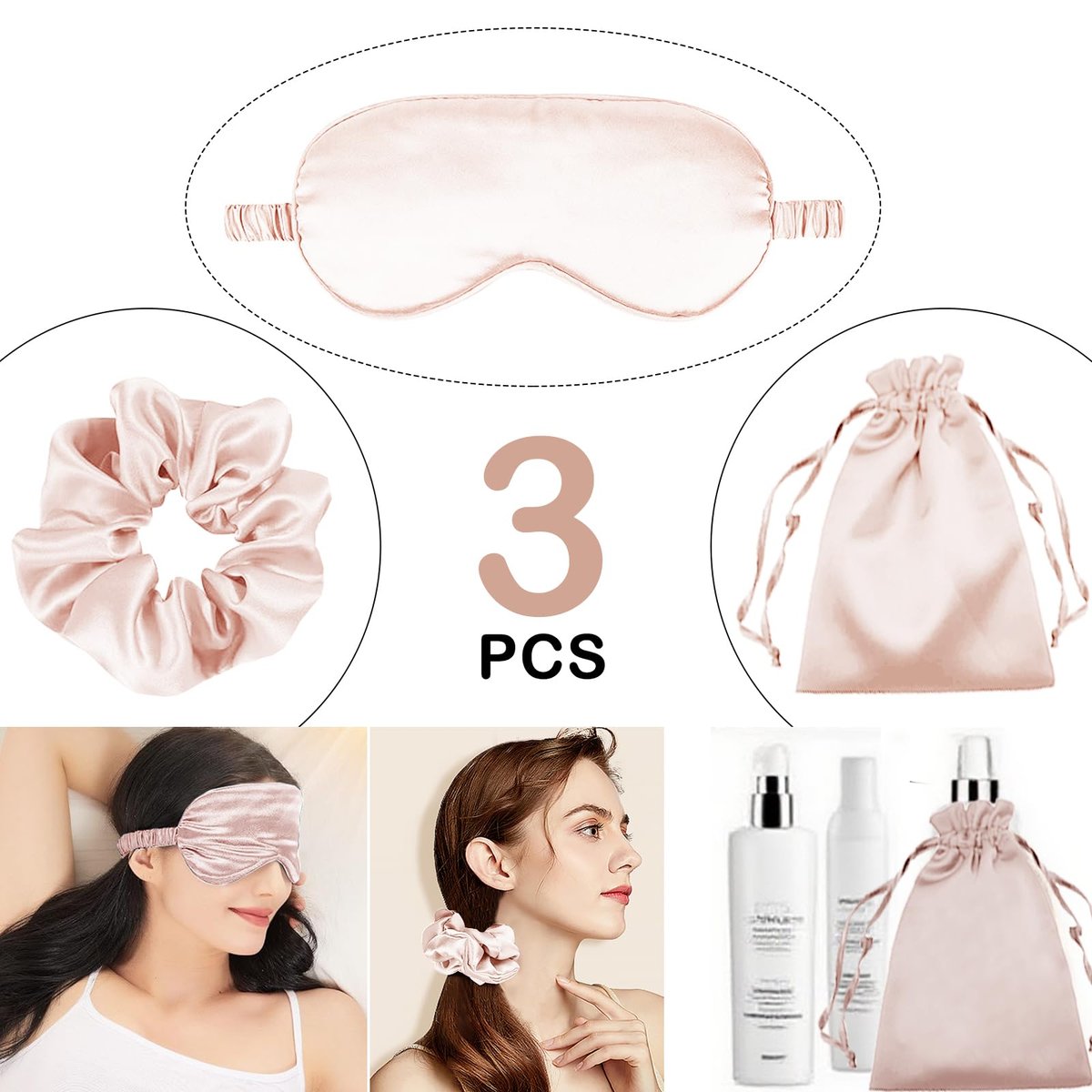 3er-Set Satin Schlafmaske – Seidig weiche Augenmaske für völlige Dunkelheit, inkl. Aufbewahrungsbeutel und Scrunchy, Geschenkset