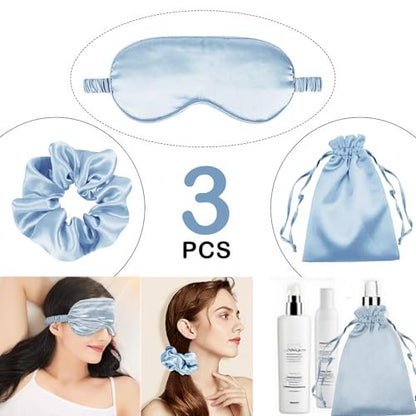 3er Set Satin Schlafmasken – Seidig weiche Augenmaske für erholsamen Schlaf, inklusive Aufbewahrungsbeutel und Scrunchy, Geschenkset