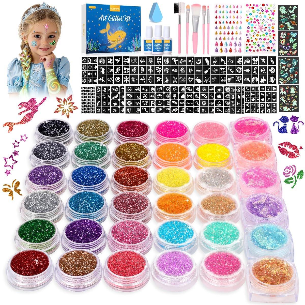 Bledras Temporäre Glitzer-Tattoos für Kinder – 36 Farben Kunst-Glitzer-Make-up-Set, 6 Farben Leucht-Glitzer-Gel, Hautfreundliches Body-Art-Set als Geburtstags- und Weihnachtsgeschenk für Mädchen & Jungen
