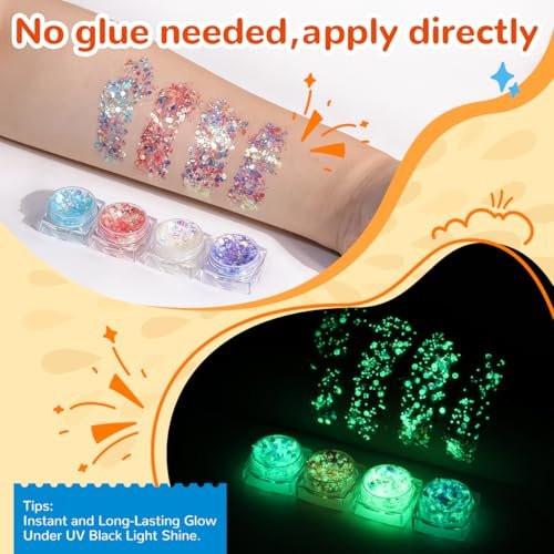 Bledras Glitzer Tattoo Set – 31 Farben Temporäre Tattoos für Kinder, inkl. 6 Glitzerstifte, 3 Kleber, Sicher & Abwaschbar – UV-Leuchtend für Halloween, Konzerte, Festivals, Karneval