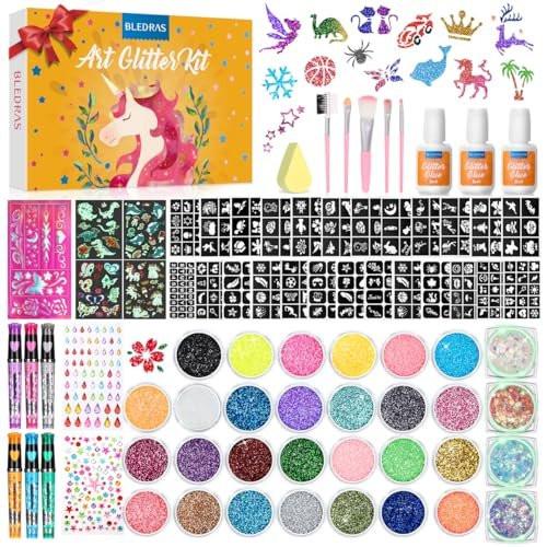 Bledras Glitzer Tattoo Set – 31 Farben Temporäre Tattoos für Kinder, inkl. 6 Glitzerstifte, 3 Kleber, Sicher & Abwaschbar – UV-Leuchtend für Halloween, Konzerte, Festivals, Karneval
