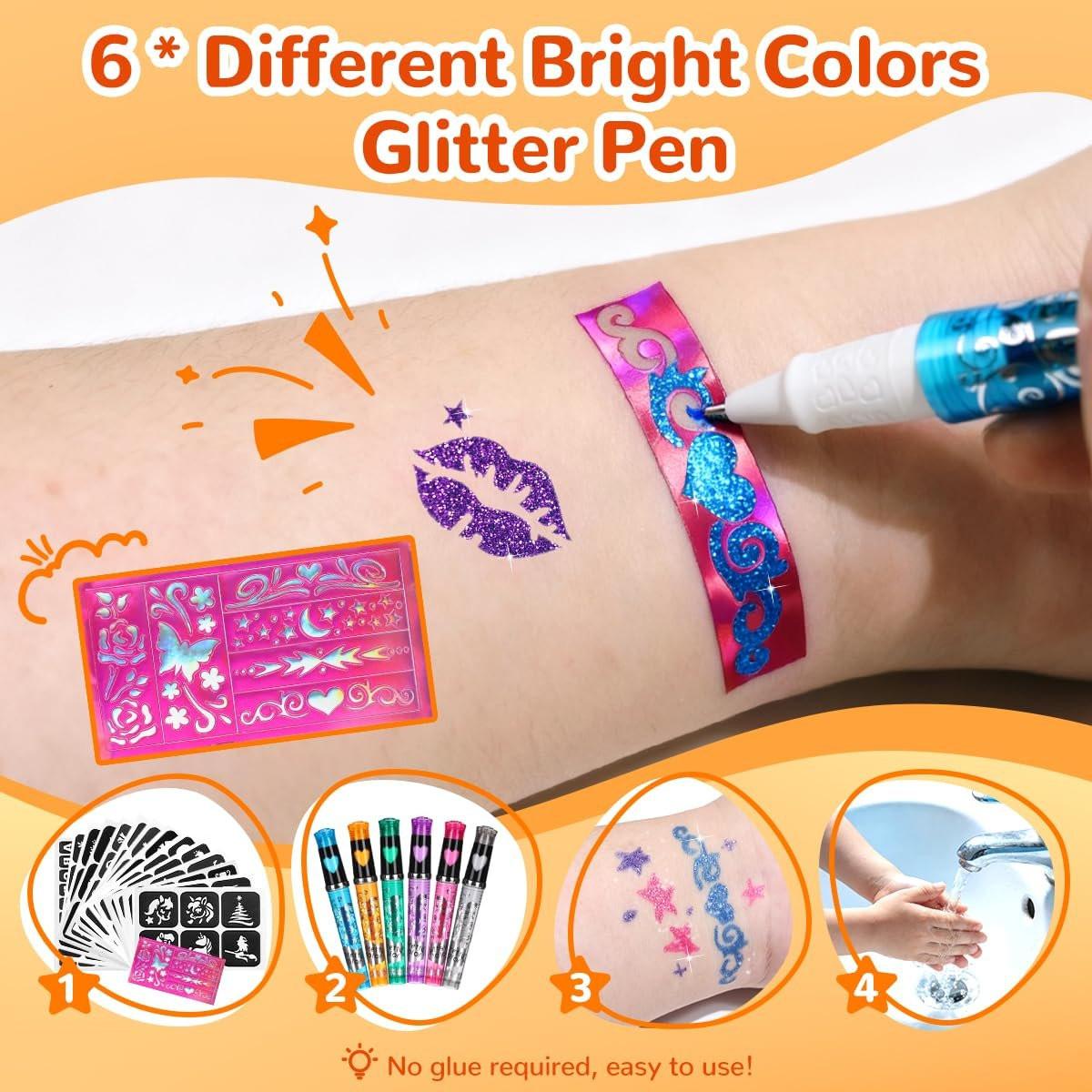Bledras Glitzer Tattoo Set – 31 Farben Temporäre Tattoos für Kinder, inkl. 6 Glitzerstifte, 3 Kleber, Sicher & Abwaschbar – UV-Leuchtend für Halloween, Konzerte, Festivals, Karneval