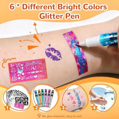 Bledras Glitzer Tattoo Set – 31 Farben Temporäre Tattoos für Kinder, inkl. 6 Glitzerstifte, 3 Kleber, Sicher & Abwaschbar – UV-Leuchtend für Halloween, Konzerte, Festivals, Karneval