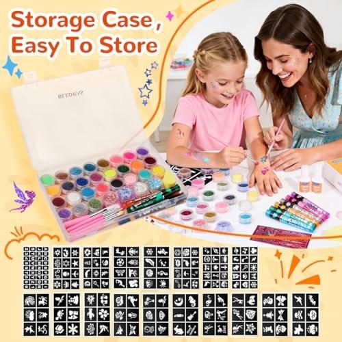 Bledras Glitzer Tattoo Set – 31 Farben Temporäre Tattoos für Kinder, inkl. 6 Glitzerstifte, 3 Kleber, Sicher & Abwaschbar – UV-Leuchtend für Halloween, Konzerte, Festivals, Karneval