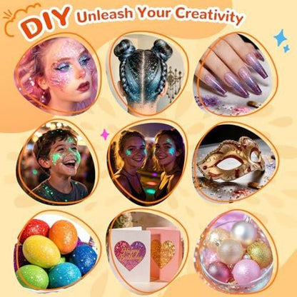 Bledras Glitzer Tattoo Set – 31 Farben Temporäre Tattoos für Kinder, inkl. 6 Glitzerstifte, 3 Kleber, Sicher & Abwaschbar – UV-Leuchtend für Halloween, Konzerte, Festivals, Karneval