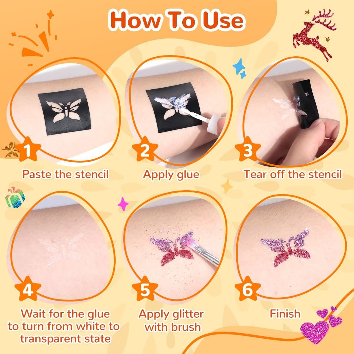Bledras Glitzer Tattoo Set – 31 Farben Temporäre Tattoos für Kinder, inkl. 6 Glitzerstifte, 3 Kleber, Sicher & Abwaschbar – UV-Leuchtend für Halloween, Konzerte, Festivals, Karneval