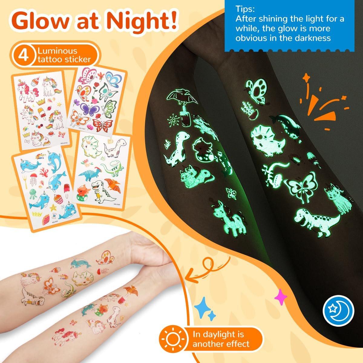 Bledras Glitzer Tattoo Set – 31 Farben Temporäre Tattoos für Kinder, inkl. 6 Glitzerstifte, 3 Kleber, Sicher & Abwaschbar – UV-Leuchtend für Halloween, Konzerte, Festivals, Karneval