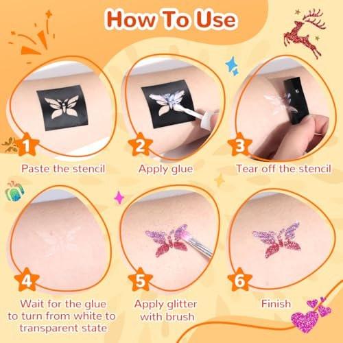 Bledras Glitzer Tattoo Set – 31 Farben Temporäre Tattoos für Kinder, inkl. 6 Glitzerstifte, 3 Kleber, Sicher & Abwaschbar – UV-Leuchtend für Halloween, Konzerte, Festivals, Karneval